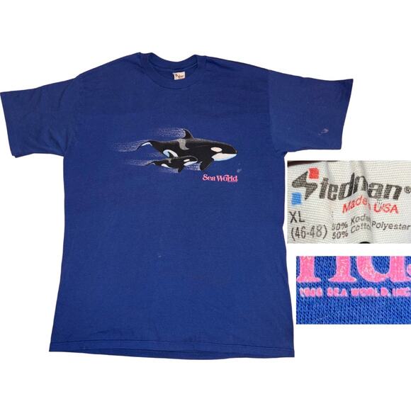 80s Seaworld T Shirt Blue Orca Whales Size XL Vintage Stedman Retro Streetwear - Picture 1 of 8
